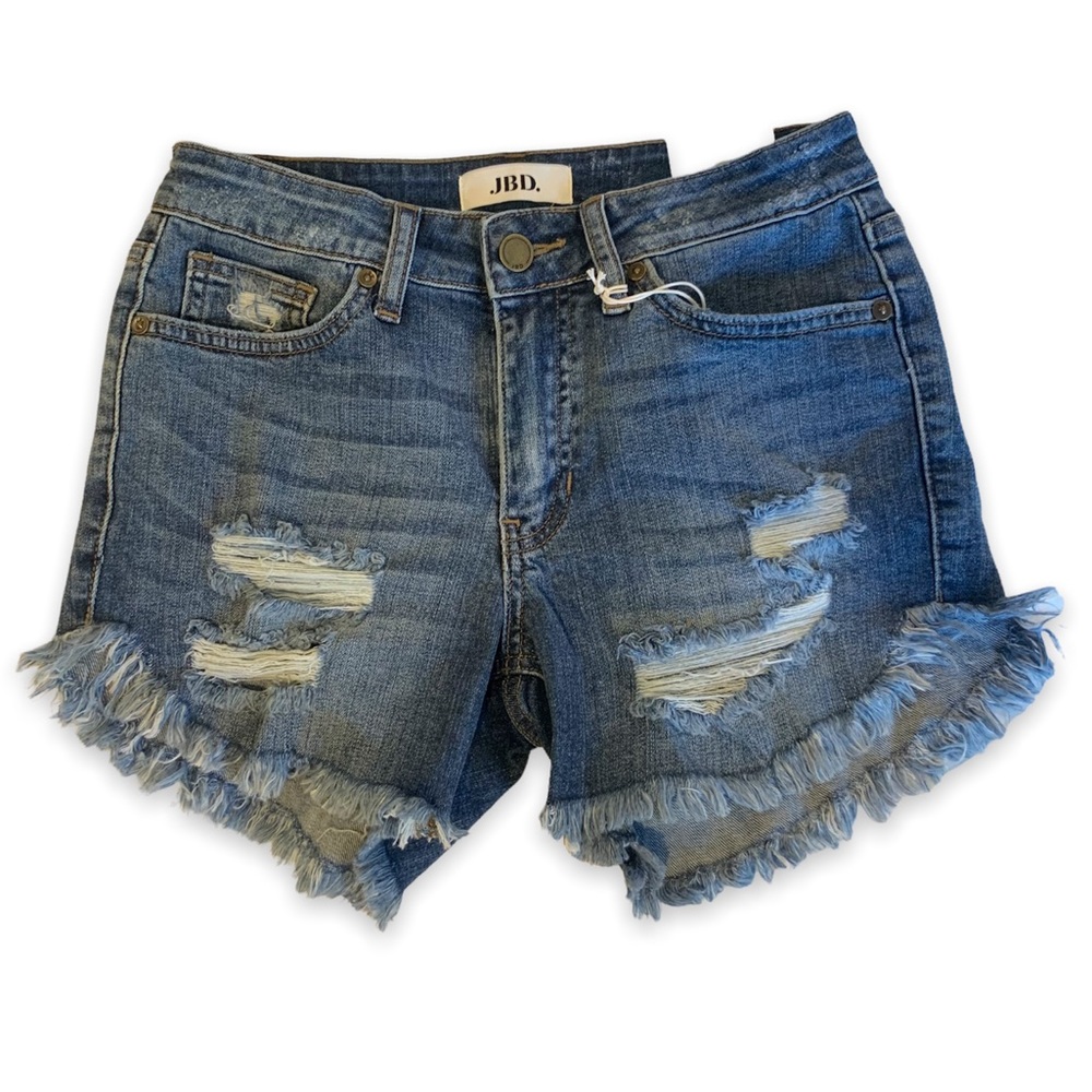 XS JBD Mid Rise shorts w/ curved frayed hem